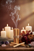 Divine Healing Energy Palo Santo bundle with crystals and candlelight in sacred home setting